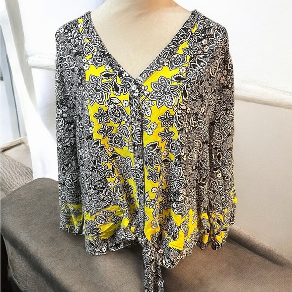 Ruby Rd Black and Yellow Relaxed Tie Front Blouse - Picture 1 of 5